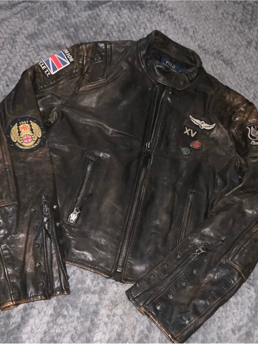 Polo by Ralph Lauren Black Leather Biker Jacket with Patches